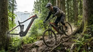 A detailed illustration explaining how cold Canadian weather conditions affect e-bike battery range and performance for enduro riders.