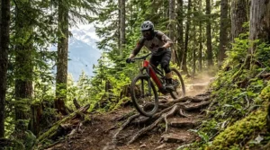 A trail ebike parked near a public charging station in Whistler Village, showcasing local infrastructure. / Un vélo électrique de sentier à une station de recharge dans le village de Whistler.