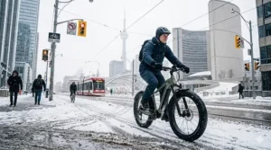 A digital e-bike display showing speed and battery levels in both English and French (Vitesse/Speed).