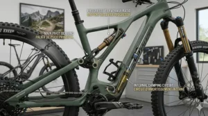 A photorealistic technical cutaway illustration of a full suspension e-bike frame, revealing internal suspension components with bilingual English/French labels, highlighting technology optimized for rugged Canadian mountain trails.