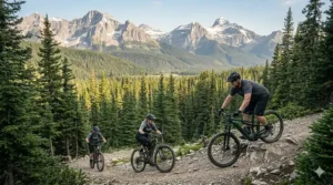 A heavy-duty full suspension ebike mounted on a vehicle rack at a trailhead in the Canadian Rockies.