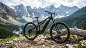 Illustration of integrated LED safety lights on an e-mountain bike, essential for short Canadian winter days.