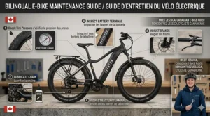 A graphic showing e-bike maintenance tips with English and French labels for Canadian owners.