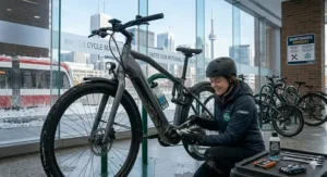 A Canadian rider performing seasonal maintenance on their e-bike to prepare for Toronto’s changing weather.