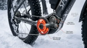 Technical diagram showing mid-drive motor torque assisting a rider through heavy, wet Canadian snow.