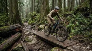 A photorealistic 4K image of a mountain biker navigating a wet, technical Vancouver North Shore e-bike trail, crossing a cedar plank bridge amid a dense, mossy old-growth forest.
