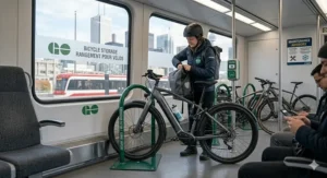 An illustration of a commuter bringing an all-season e-bike onto a GO Train to expand their Toronto transit options.