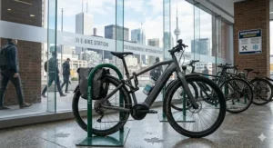 A sleek commuter e-bike parked at a bike rack in the Toronto Financial District during rush hour.