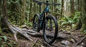 A close-up illustration of ebike suspension absorbing impact on a root-heavy trail typical of Ontario’s Escarpment.