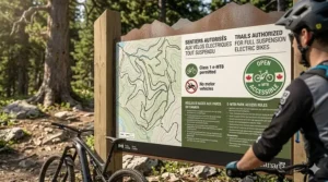 Stylized map icon representing legal trail access for full suspension electric mountain bikes in Canada.