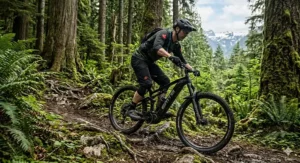An illustration of a trail ebike with 150mm travel parked near a Canadian trailhead sign in English and French.