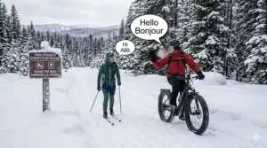 A rider on a snowy multi-use trail in Ontario passing a cross-country skier with a friendly "Hello/Bonjour."