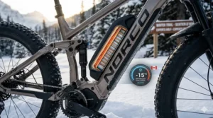 Illustration of a winter-rated ebike battery showing thermal protection for sub-zero Canadian temperatures.