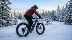 A photorealistic 4K photograph of a lone mountain biker riding a robust electric fat-tire bike on a groomed snowy trail in an Ontario winter forest, showcasing year-round Canadian e-bike versatility.