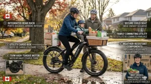 A Canadian family using a fat tire cargo e-bike to haul groceries through a suburban neighborhood.