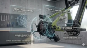 Detailed 4K graphic of an electronic shift system and position sensor on a modern full suspension electric bike for all-terrain use.