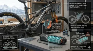 Educational graphic showing winter battery care and indoor storage tips for Canadian riders using their enduro e-bike in freezing temperatures.