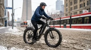 An e-bike with 4-inch wide tires navigating a slushy urban street in Toronto during winter.