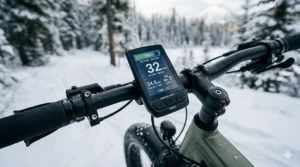 Close-up of wide, studded tires on a fat tire e-bike providing winter grip on an icy Montreal street.
