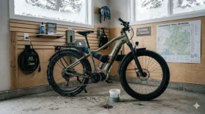 A group of cyclists enjoying a fat tire e-bike for winter excursion on a groomed trail in British Columbia.
