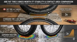 A diagram comparing tire surface area contact on gravel, showing why fat tire e-bikes are worth it for stability.