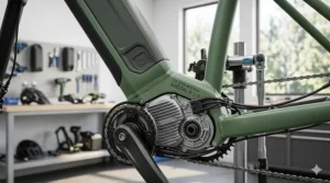 A high-detail close-up of the front suspension fork on a green hardtail eMTB under $2500 as the aggressive tire compresses over a challenging mix of wet roots and jagged Canadian Shield granite.