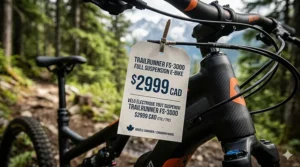 An electric mountain bike under $3000 parked on a scenic overlook in the Alberta Rockies, highlighting off-road capability.