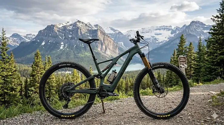 A photorealistic, high-detail landscape of a full suspension e-bike parked on a dirt trail in the Canadian Rockies near Banff, Alberta. The background features rugged mountain peaks, dense pine forests, and a turquoise glacial lake under natural sunlight.