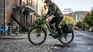 A photorealistic 4K illustration of a rider commuting on a full suspension e-bike through a cobbled Montreal street, featuring bilingual parking signs and historic Quebec architecture to highlight urban versatility.