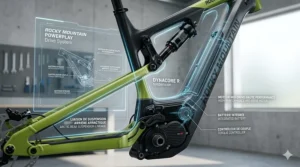 Detailed 4K illustration of a full suspension electric mountain bike's drive system and frame geometry in a professional workshop setting.