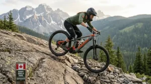 A full suspension ebike absorbing shocks while descending a rocky Canadian Shield trail.