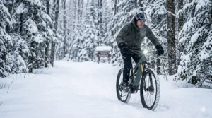 A 4K photorealistic photograph of a cyclist in technical winter gear riding a green full suspension e-bike through a snowy Quebec forest trail, demonstrating extreme cold-weather performance in Canada.