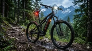 Close-up of a full suspension e-bike with a price tag under $3000, captioned in English and French for Canadian shoppers.