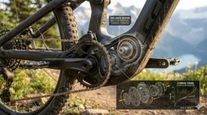 Illustration showing the torque output of a full suspension electric mountain bike on a steep incline.