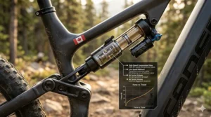 Diagram of a full suspension electric mountain bike rear shock absorbing a rocky trail hit.