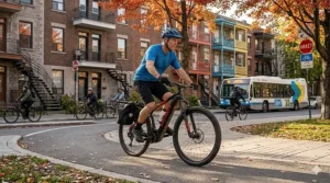 A versatile hardtail ebike on a paved commuter path in a Canadian city with bilingual signage.
