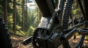 A hardtail electric mountain bike equipped with studded tires for winter commuting and trail riding in snowy Canadian conditions.