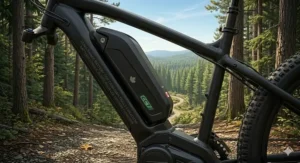 A family-friendly hardtail electric mountain bike parked near a "Sentier" signpost in a lush Quebec forest during the autumn season.