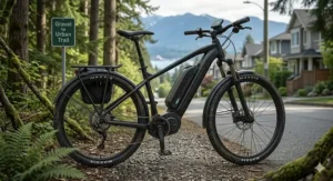 A graphic featuring a hardtail electric mountain bike with "Canada’s Choice / Le choix du Canada" text, highlighting its popularity across provinces.