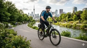 A detailed, photorealistic close-up of the central drive unit and integrated battery on a green hardtail eMTB under $2500, highlighting internal technical specifications and a unique CAD currency symbol.