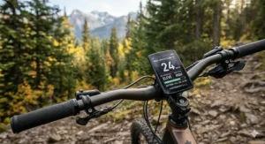 Diagram of hardtail mountain ebike frame geometry optimized for uphill stability and power transfer on steep inclines.