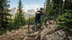 A 750W motor and high-capacity battery setup on a full suspension ebike, providing extra torque for heavy riders on steep inclines.