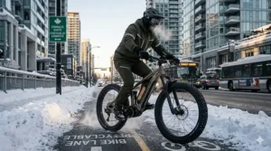 Illustration showing proper indoor charging of a winter ebike to maintain battery health during cold months.
