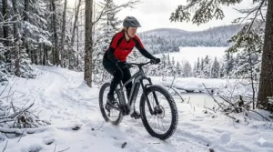 Alt text for image 9: A first-person "cockpit" view from the handlebars of a lightweight hardtail electric mountain bike, showing the minimalist digital display and ergonomic controls while riding through a sun-dappled forest in the Alberta foothills.