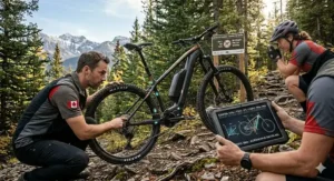 Illustration comparing a lightweight hardtail ebike for climbing efficiency against heavier full-suspension electric bikes.