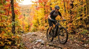 A photorealistic 4K photograph of a mountain biker riding a trail e-bike through a vibrant maple forest in Quebec during peak autumn, using natural, golden sunlight.