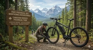 Detailed illustration of a high-torque mid-drive motor on a hardtail electric mountain bike, built to conquer steep Canadian elevation gains.