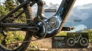 Close-up illustration of a powerful mid-drive motor integrated into a full suspension e-bike crank.