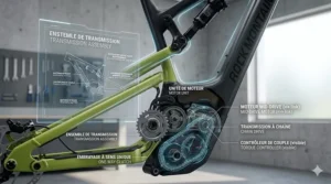 High-detail 4K rendering of a mid-drive motor and chain transmission assembly for a dual suspension ebike under 3000 CAD.