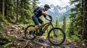 Technical view of a dual suspension system on a budget-friendly e-bike, optimized for rocky Canadian Shield terrain.